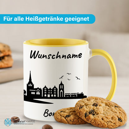 Tasse in Hellgelb 330ml bedruckt mit der Skyline von Borkum personalisierbar mit Wunschname