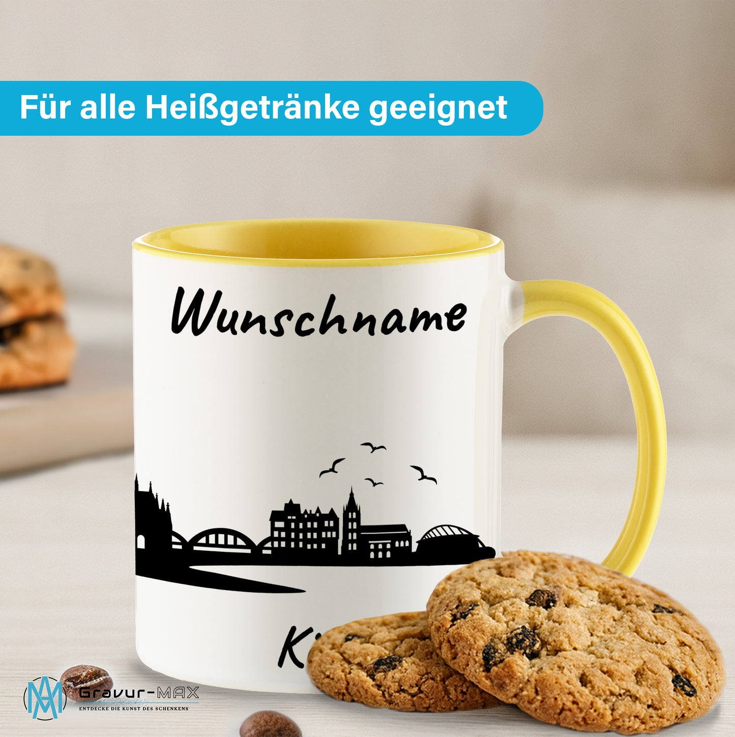 Tasse in Hellgelb 330ml bedruckt mit der Skyline von Köln personalisierbar mit Wunschname