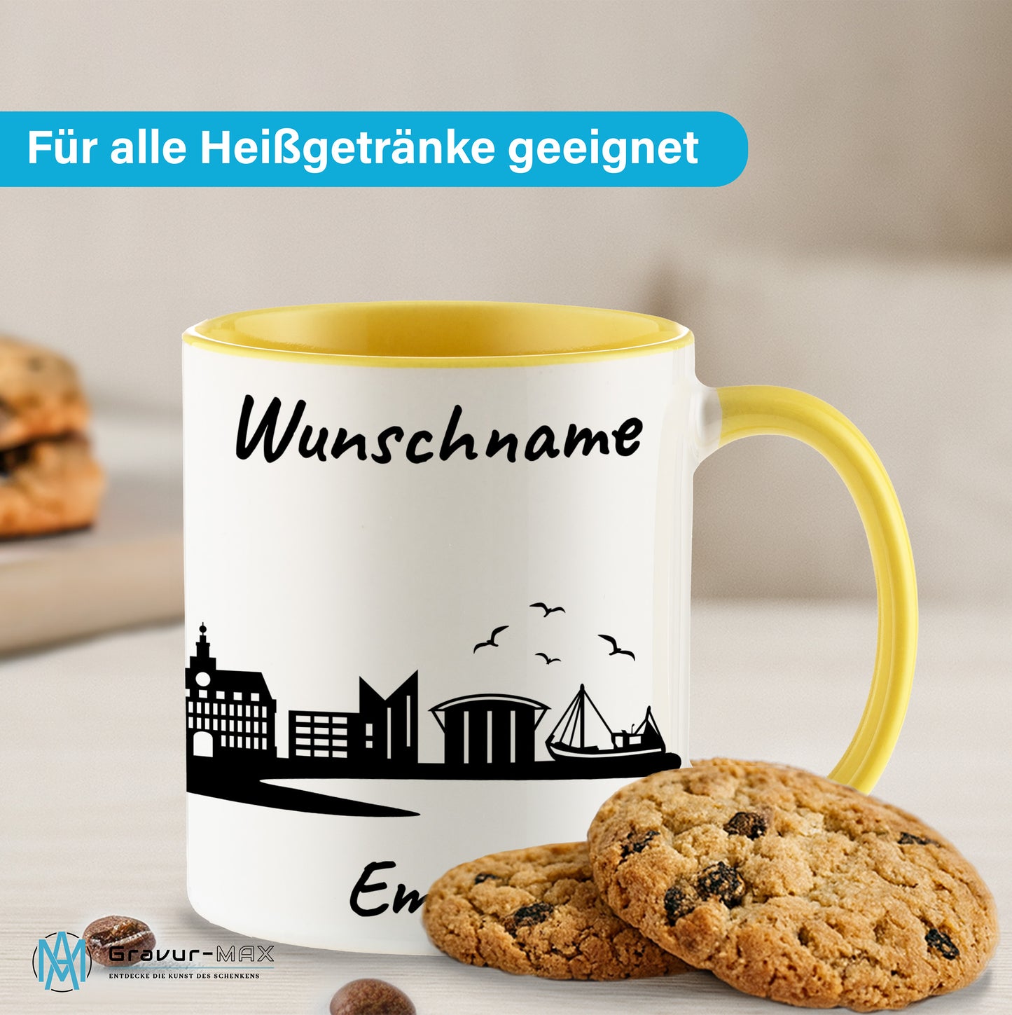 Tasse in Hellgelb 330ml bedruckt mit der Skyline von Emden personalisierbar mit Wunschname