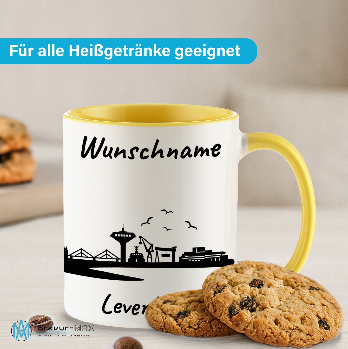 Tasse in Hellgelb 330ml bedruckt mit der Skyline von Leverkusen personalisierbar mit Wunschname