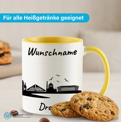 Tasse in Hellgelb 330ml bedruckt mit der Skyline von Dresden personalisierbar mit Wunschname