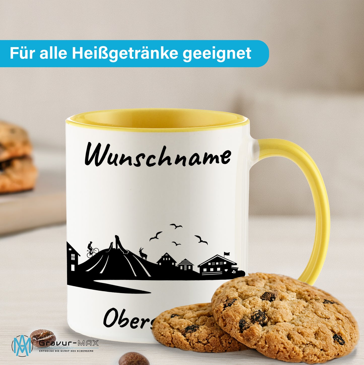 Tasse in Hellgelb 330ml bedruckt mit der Skyline von Oberstdorf personalisierbar mit Wunschname