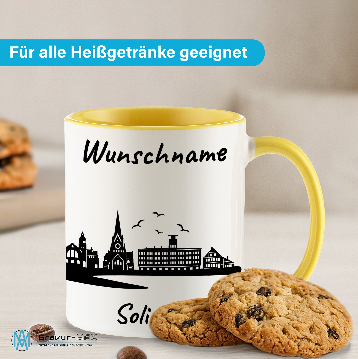 Tasse in Hellgelb 330ml bedruckt mit der Skyline von Solingen personalisierbar mit Wunschname