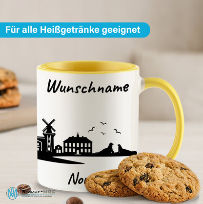 Tasse in Hellgelb 330ml bedruckt mit der Skyline von Norden personalisierbar mit Wunschname