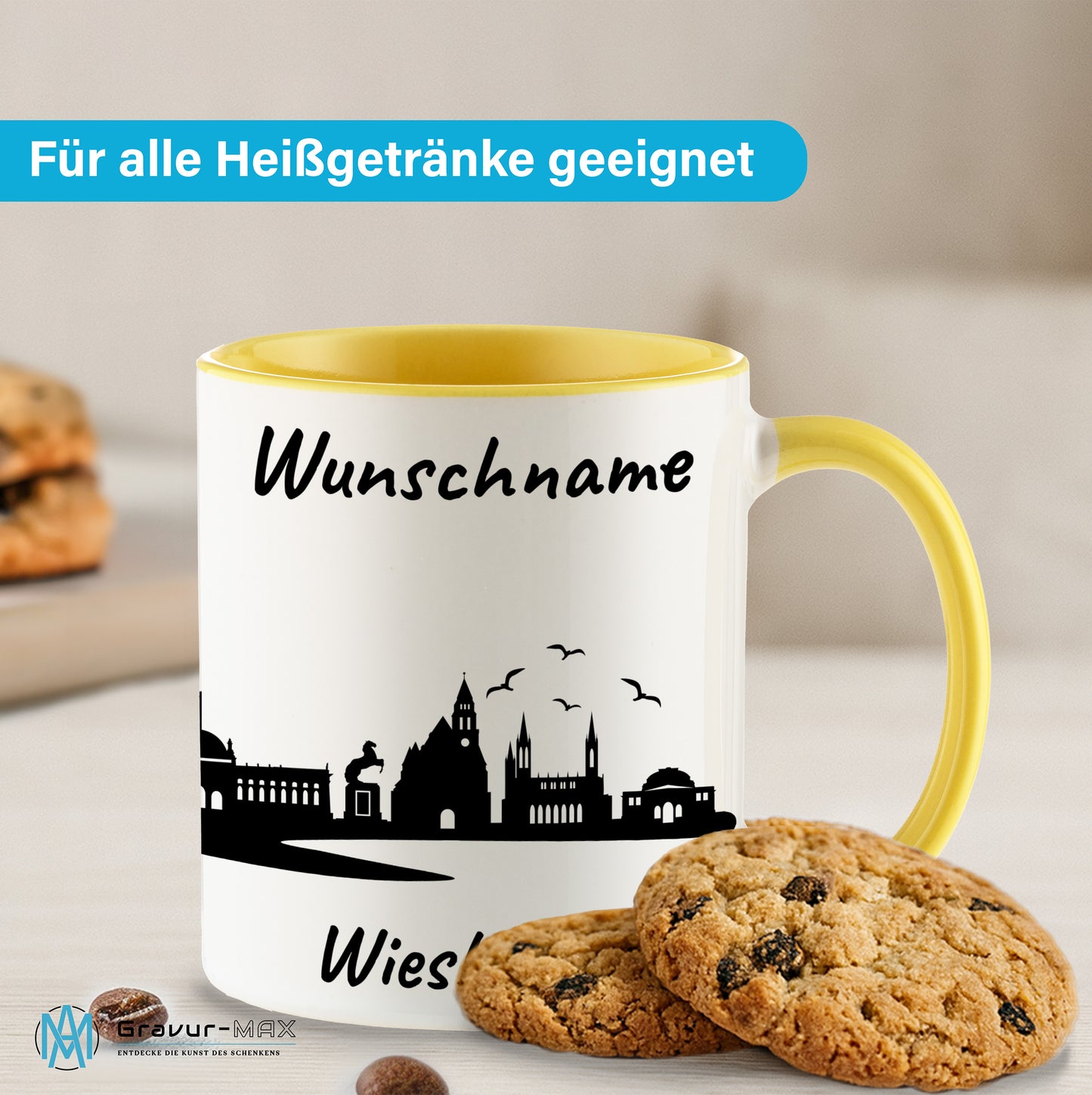 Tasse in Hellgelb 330ml bedruckt mit der Skyline von Wiesbaden personalisierbar mit Wunschname