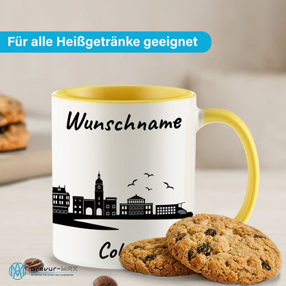 Tasse in Hellgelb 330ml bedruckt mit der Skyline von Coburg personalisierbar mit Wunschname