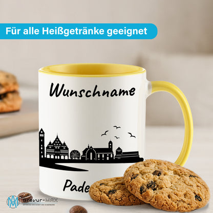Tasse in Hellgelb 330ml bedruckt mit der Skyline von Paderborn personalisierbar mit Wunschname