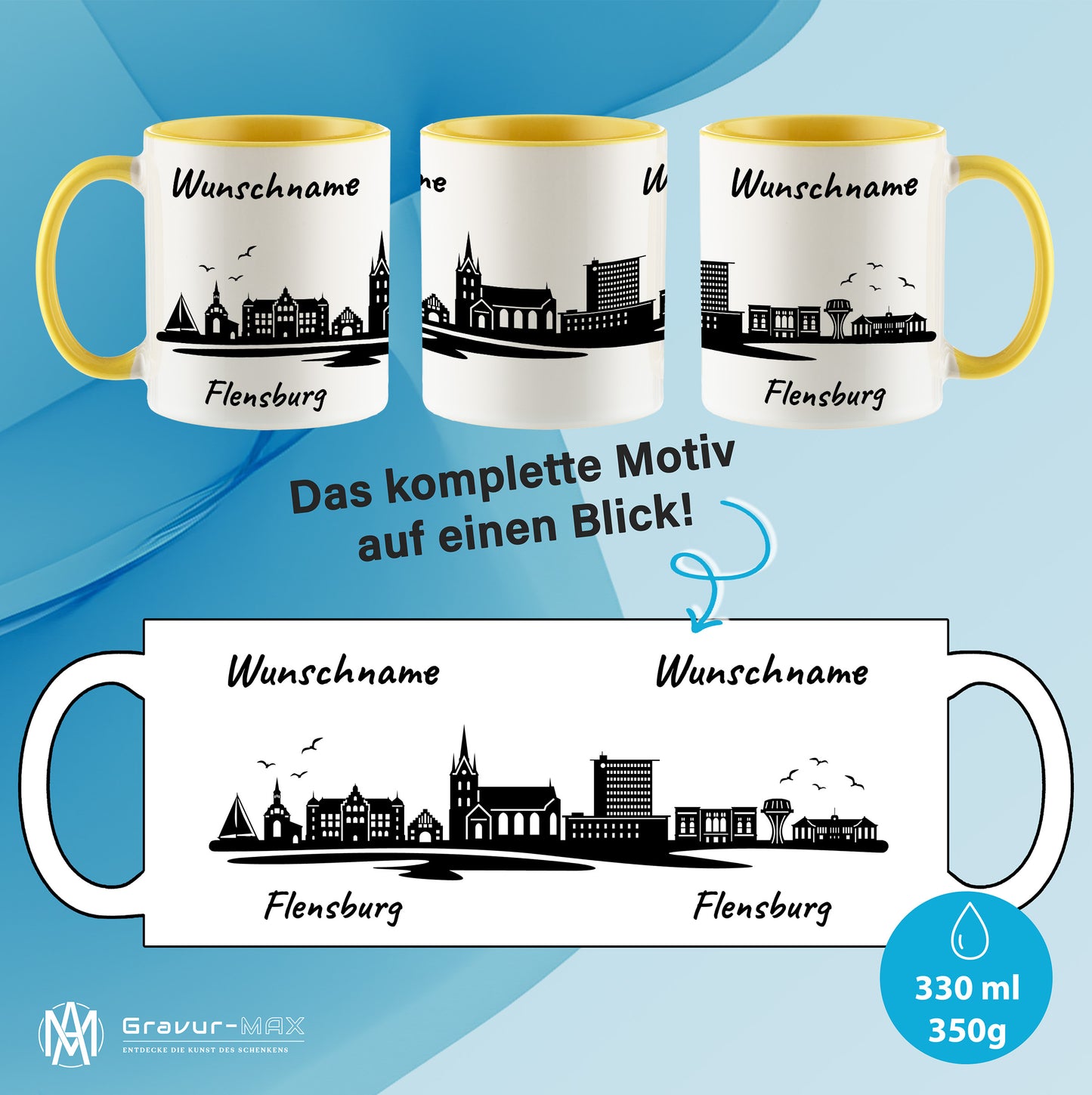 Tasse in Hellgelb 330ml bedruckt mit der Skyline von Flensburg personalisierbar mit Wunschname