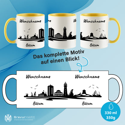 Tasse in Hellgelb 330ml bedruckt mit der Skyline von Büsum personalisierbar mit Wunschname