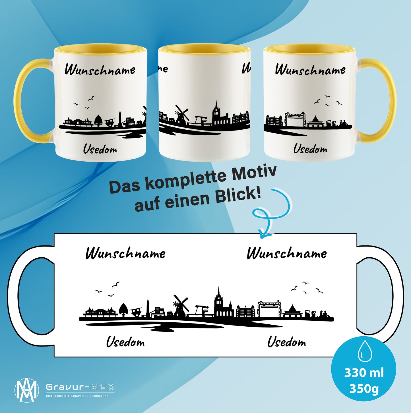 Tasse in Hellgelb 330ml bedruckt mit der Skyline von Usedom personalisierbar mit Wunschname