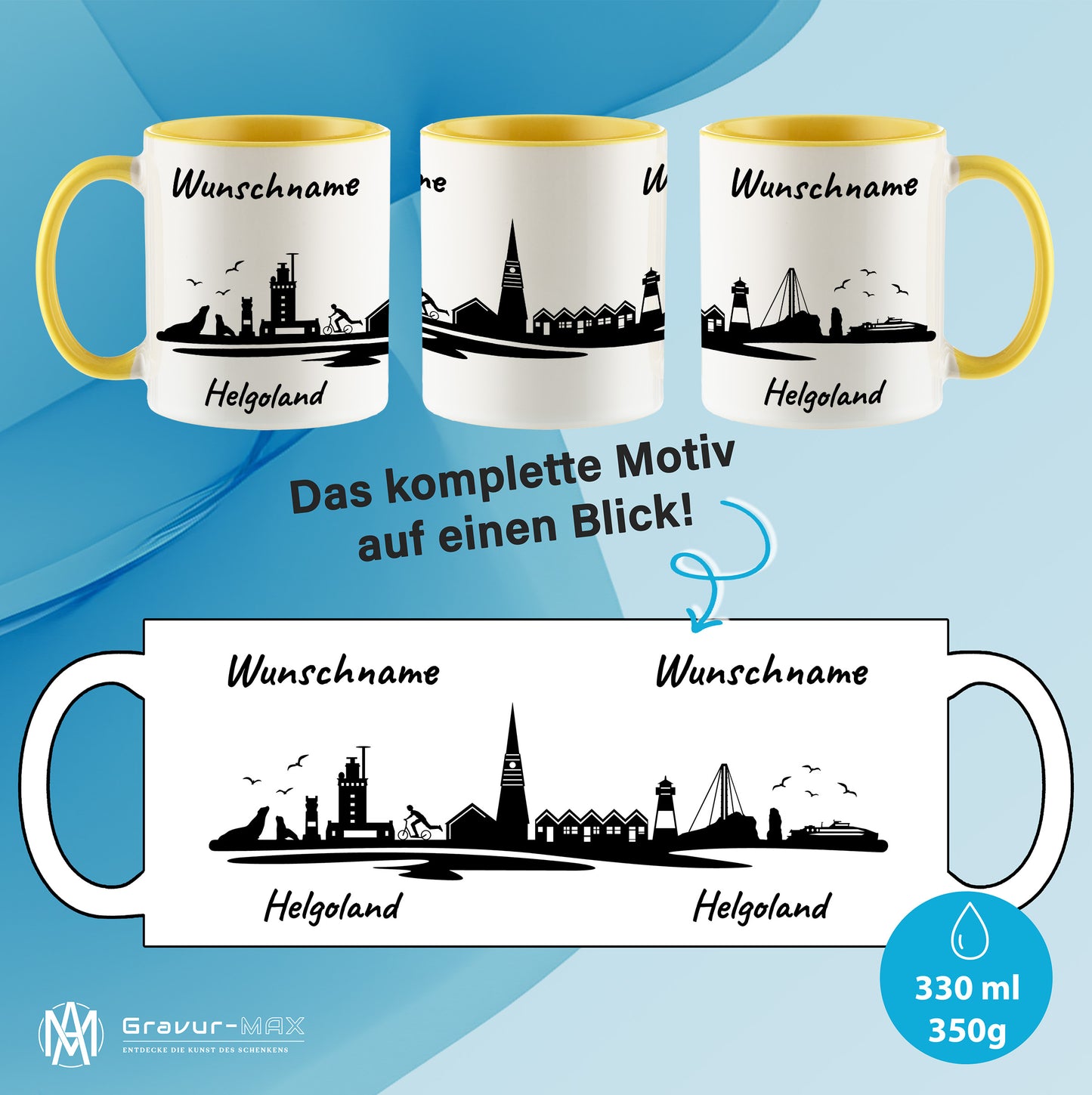 Tasse in Hellgelb 330ml bedruckt mit der Skyline von Helgoland personalisierbar mit Wunschname