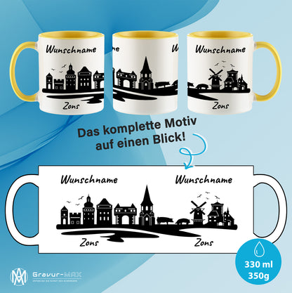 Tasse in Hellgelb 330ml bedruckt mit der Skyline von Zons (Dormagen) personalisierbar mit Wunschname