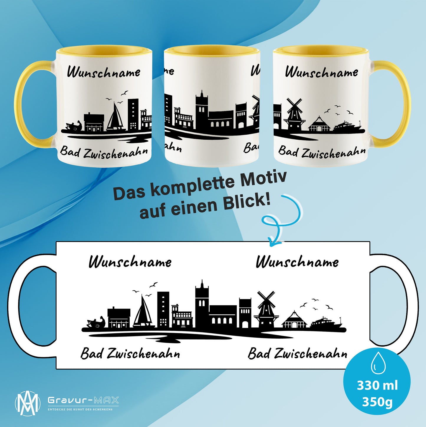 Tasse in Hellgelb 330ml bedruckt mit der Skyline von Bad Zwischenahn personalisierbar mit Wunschname