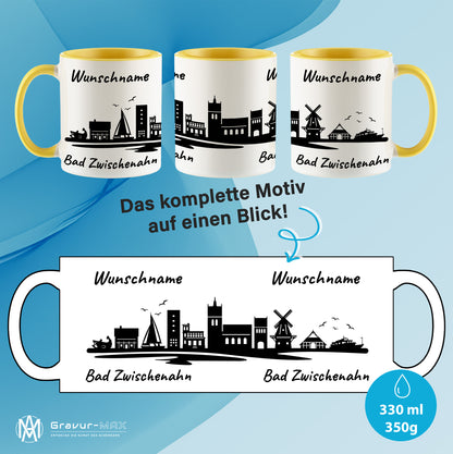 Tasse in Hellgelb 330ml bedruckt mit der Skyline von Bad Zwischenahn personalisierbar mit Wunschname