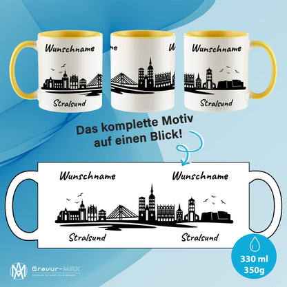 Tasse in Hellgelb 330ml bedruckt mit der Skyline von Stralsund personalisierbar mit Wunschname