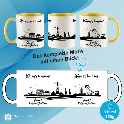 Tasse in Hellgelb 330ml bedruckt mit der Skyline von Sankt Peter-Ording personalisierbar mit Wunschname