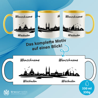 Tasse in Hellgelb 330ml bedruckt mit der Skyline von Wiesbaden personalisierbar mit Wunschname
