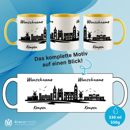 Tasse in Hellgelb 330ml bedruckt mit der Skyline von Kempen personalisierbar mit Wunschname