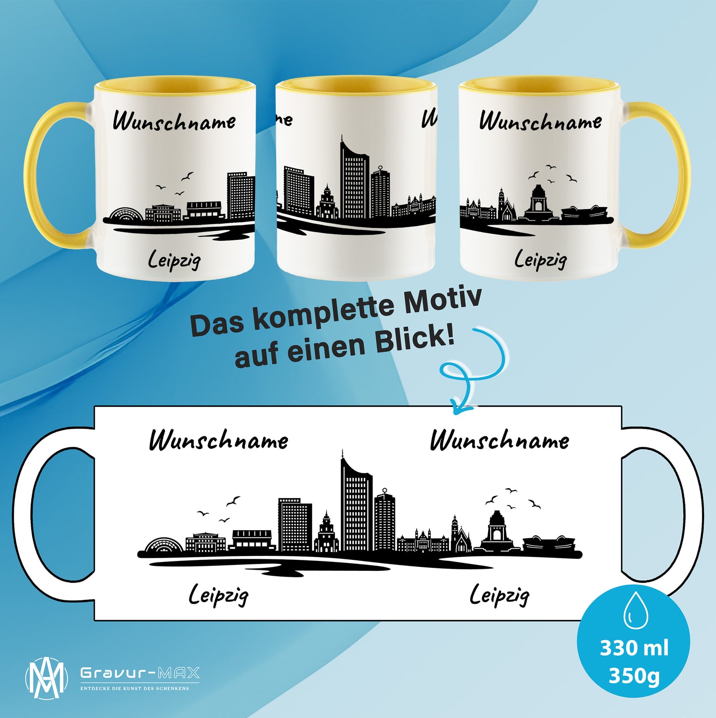 Tasse in Hellgelb 330ml bedruckt mit der Skyline von Leipzig personalisierbar mit Wunschname