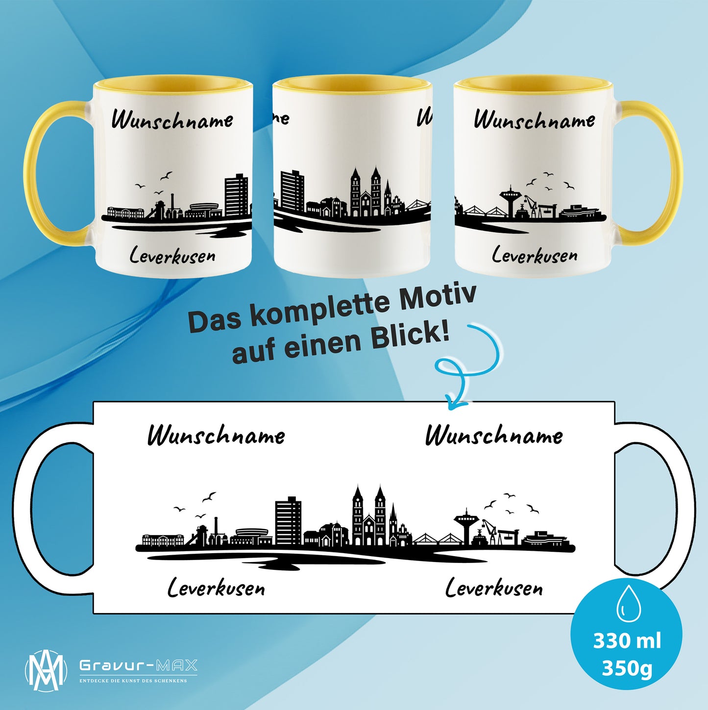 Tasse in Hellgelb 330ml bedruckt mit der Skyline von Leverkusen personalisierbar mit Wunschname