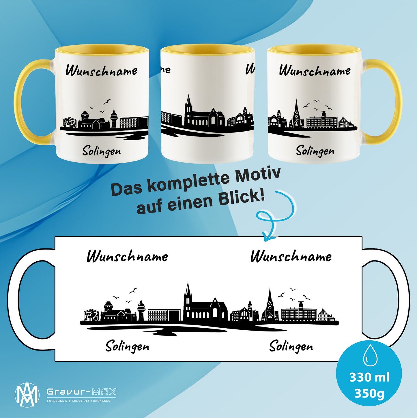 Tasse in Hellgelb 330ml bedruckt mit der Skyline von Solingen personalisierbar mit Wunschname