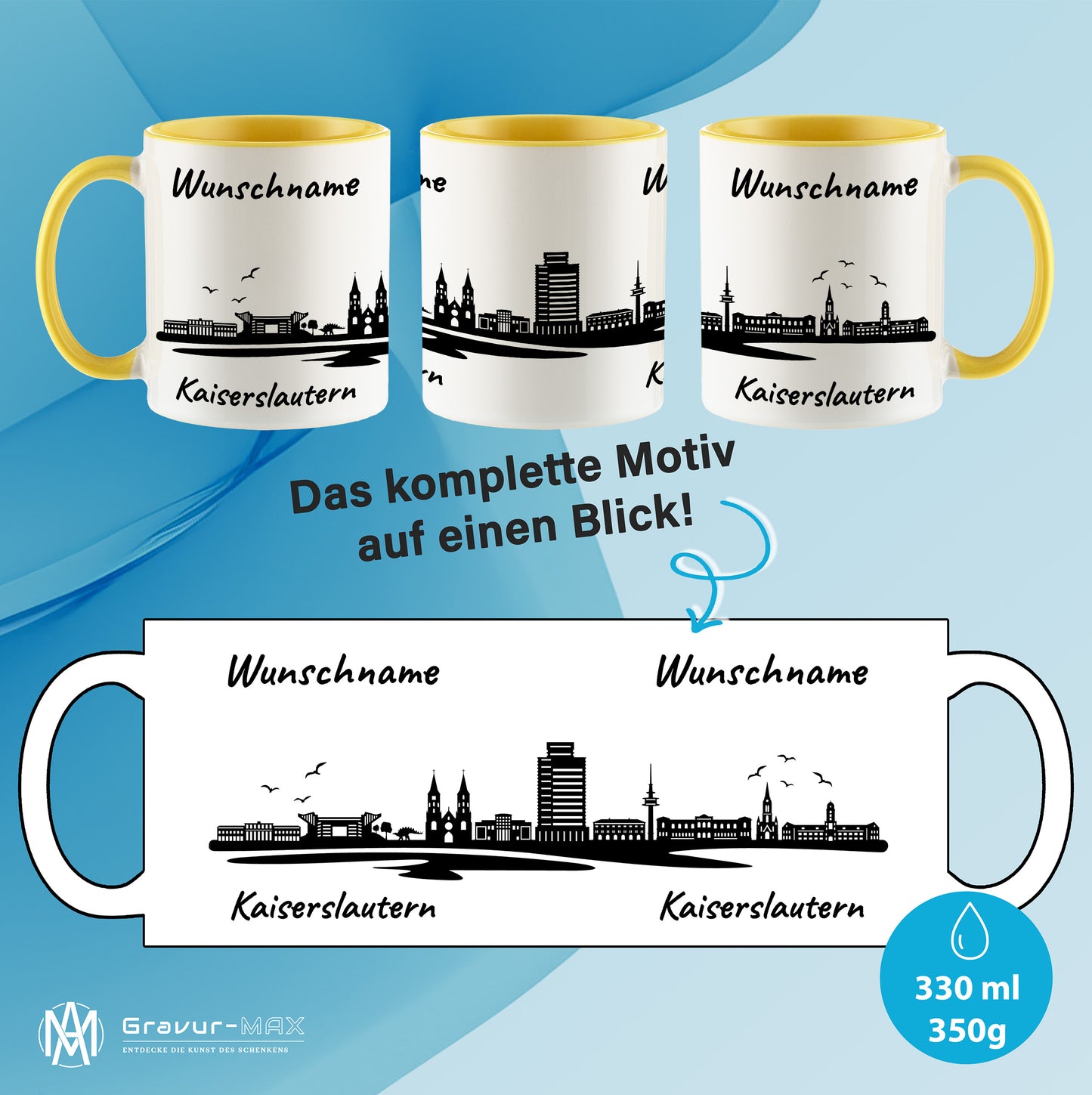 Tasse in Hellgelb 330ml bedruckt mit der Skyline von Kaiserslautern personalisierbar mit Wunschname