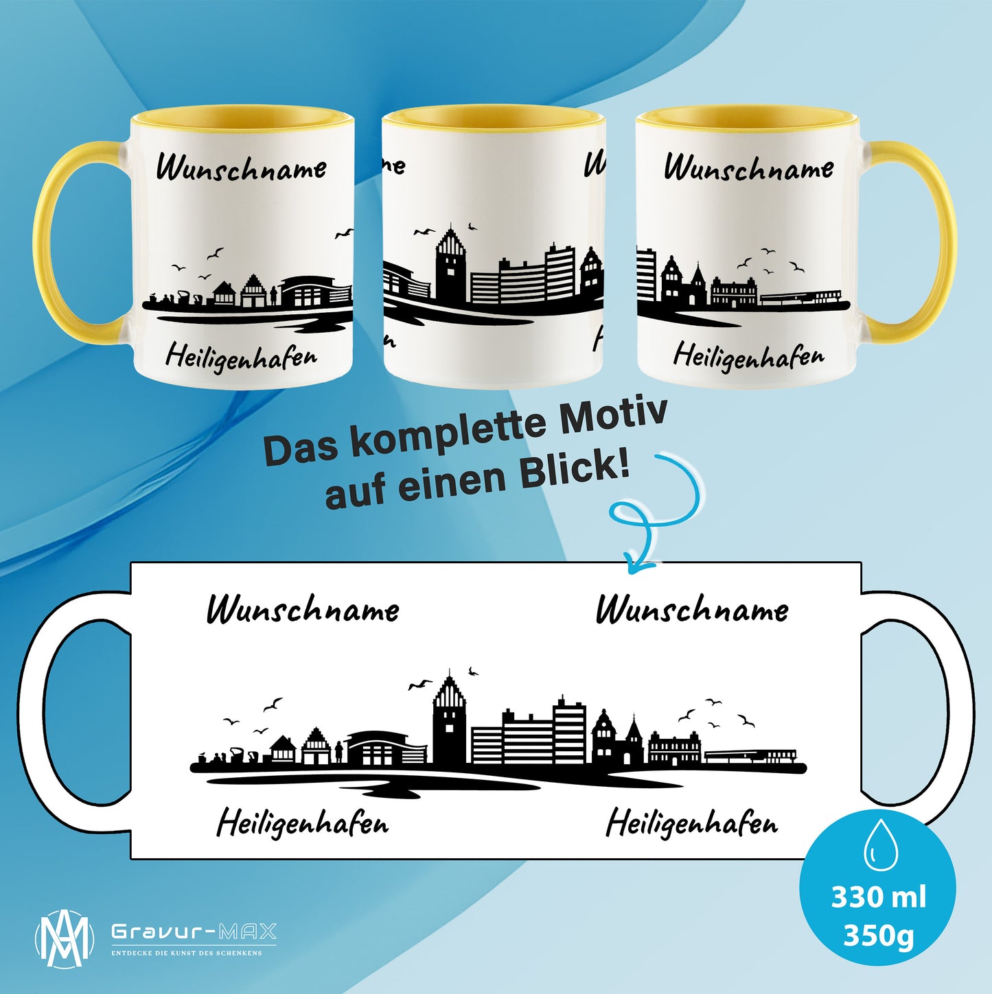 Tasse in Hellgelb 330ml bedruckt mit der Skyline von Heiligenhafen personalisierbar mit Wunschname