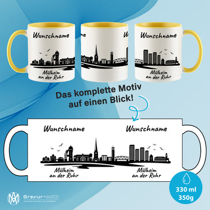 Tasse in Hellgelb 330ml bedruckt mit der Skyline von Mülheim an der Ruhr personalisierbar mit Wunschname
