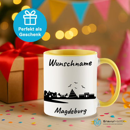 Tasse in Hellgelb 330ml bedruckt mit der Skyline von Magdeburg personalisierbar mit Wunschname