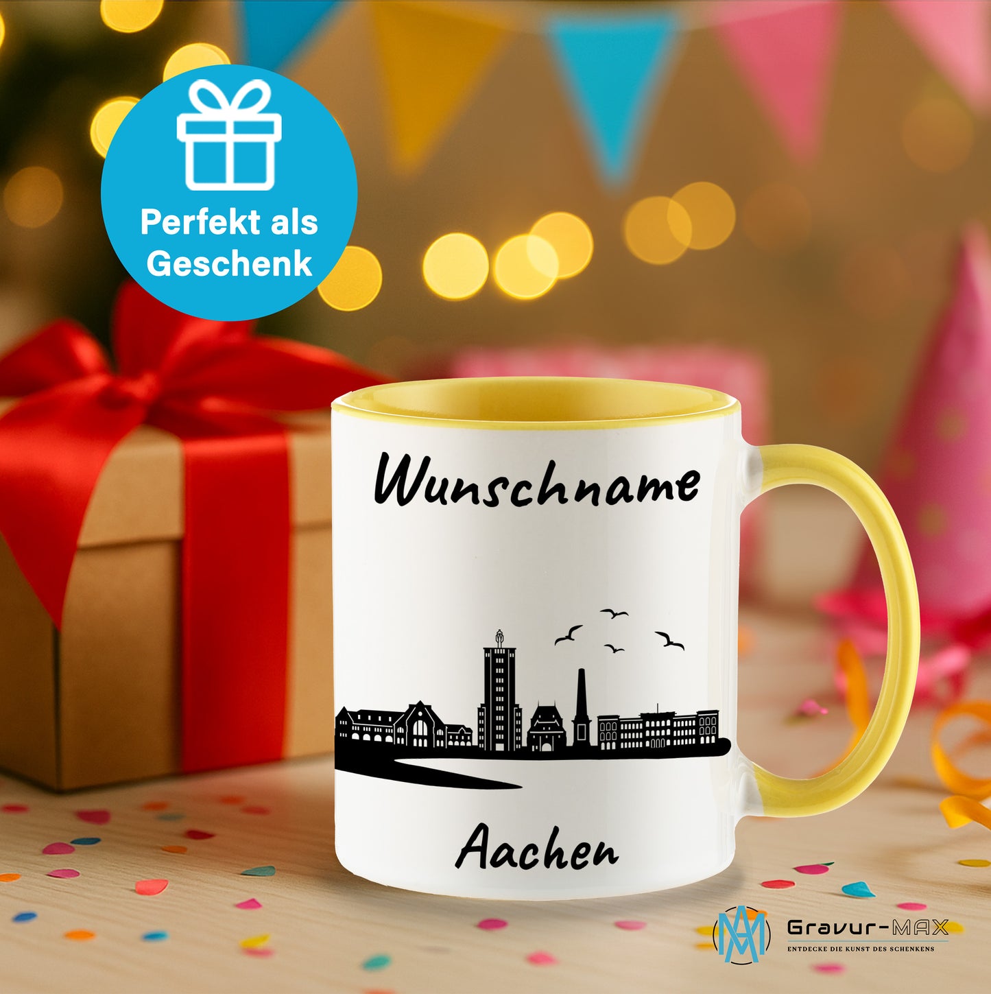 Tasse in Hellgelb 330ml bedruckt mit der Skyline von Aachen personalisierbar mit Wunschname
