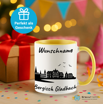 Tasse in Hellgelb 330ml bedruckt mit der Skyline von Bergisch Gladbach personalisierbar mit Wunschname