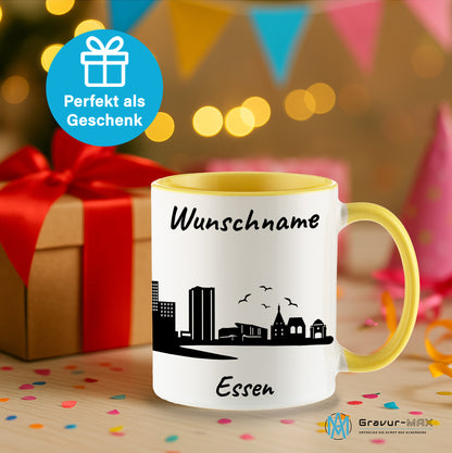 Tasse in Hellgelb 330ml bedruckt mit der Skyline von Essen personalisierbar mit Wunschname