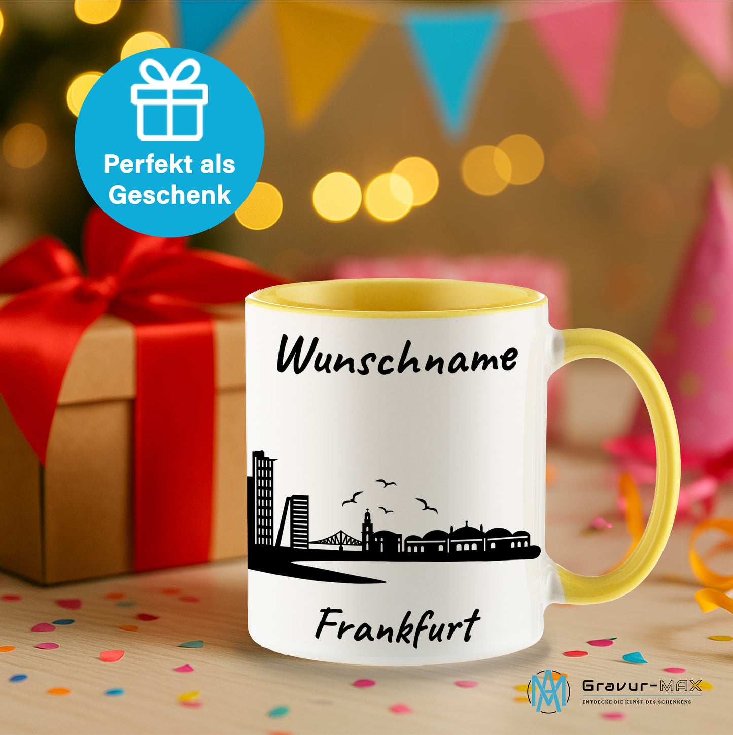 Tasse in Hellgelb 330ml bedruckt mit der Skyline von Frankfurt personalisierbar mit Wunschname