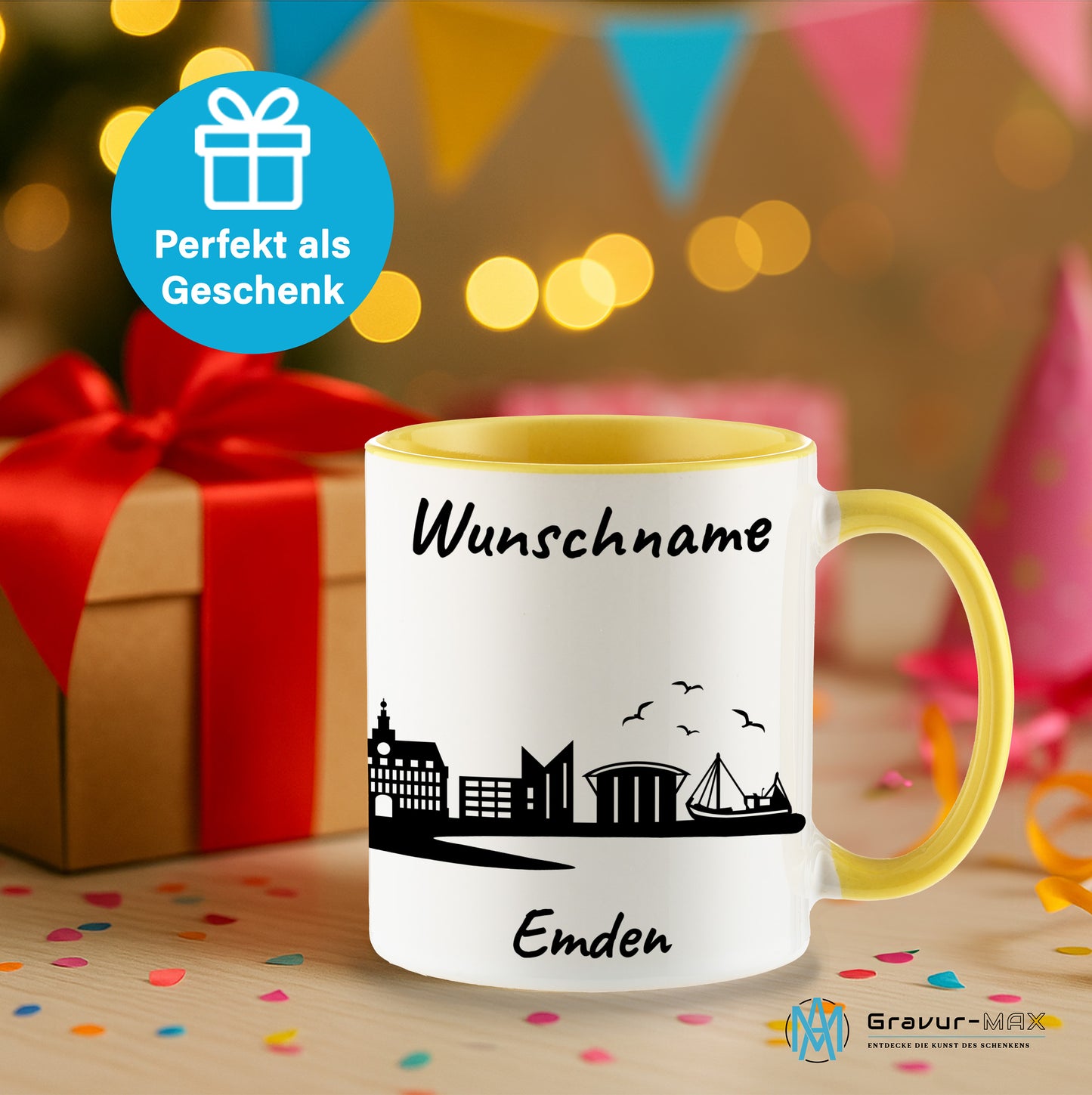 Tasse in Hellgelb 330ml bedruckt mit der Skyline von Emden personalisierbar mit Wunschname