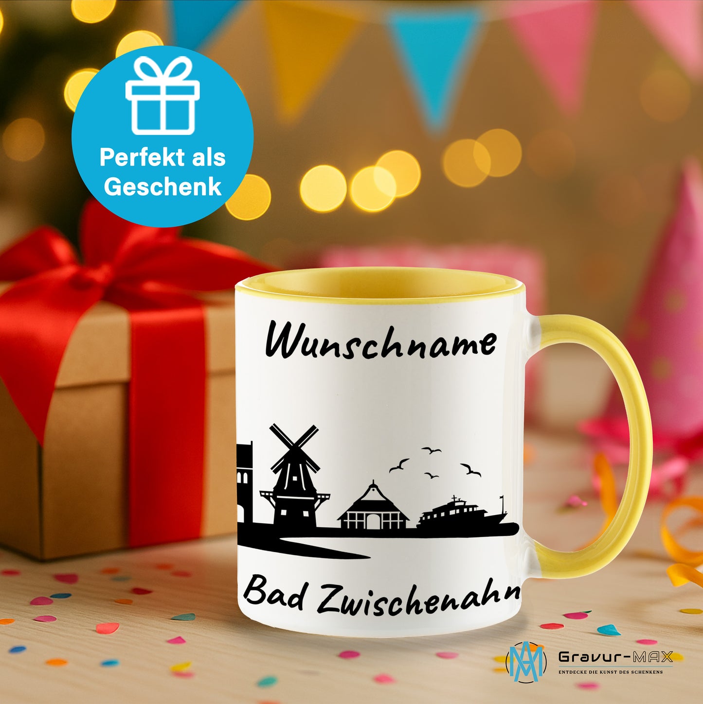 Tasse in Hellgelb 330ml bedruckt mit der Skyline von Bad Zwischenahn personalisierbar mit Wunschname