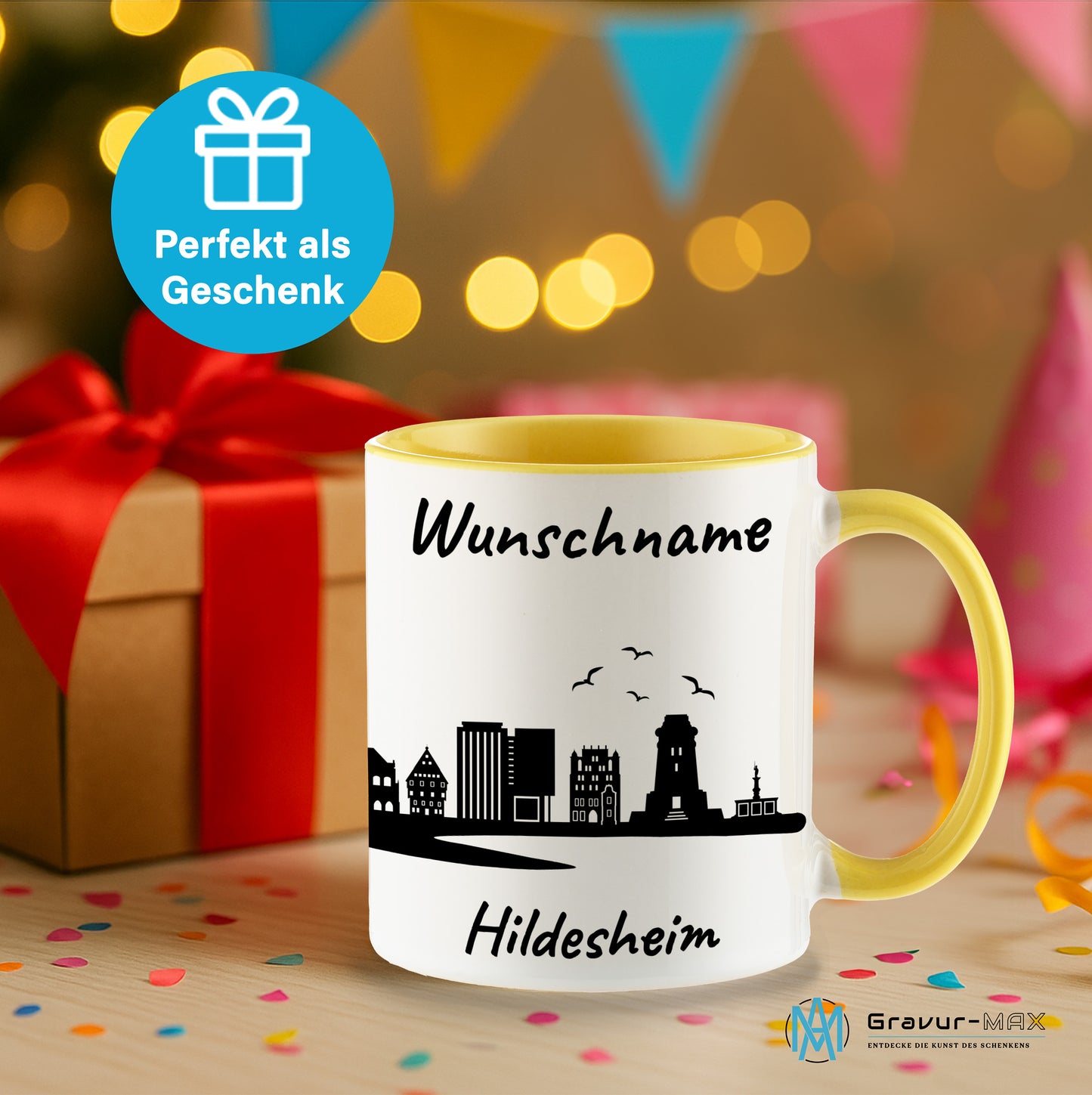 Tasse in Hellgelb 330ml bedruckt mit der Skyline von Hildesheim personalisierbar mit Wunschname