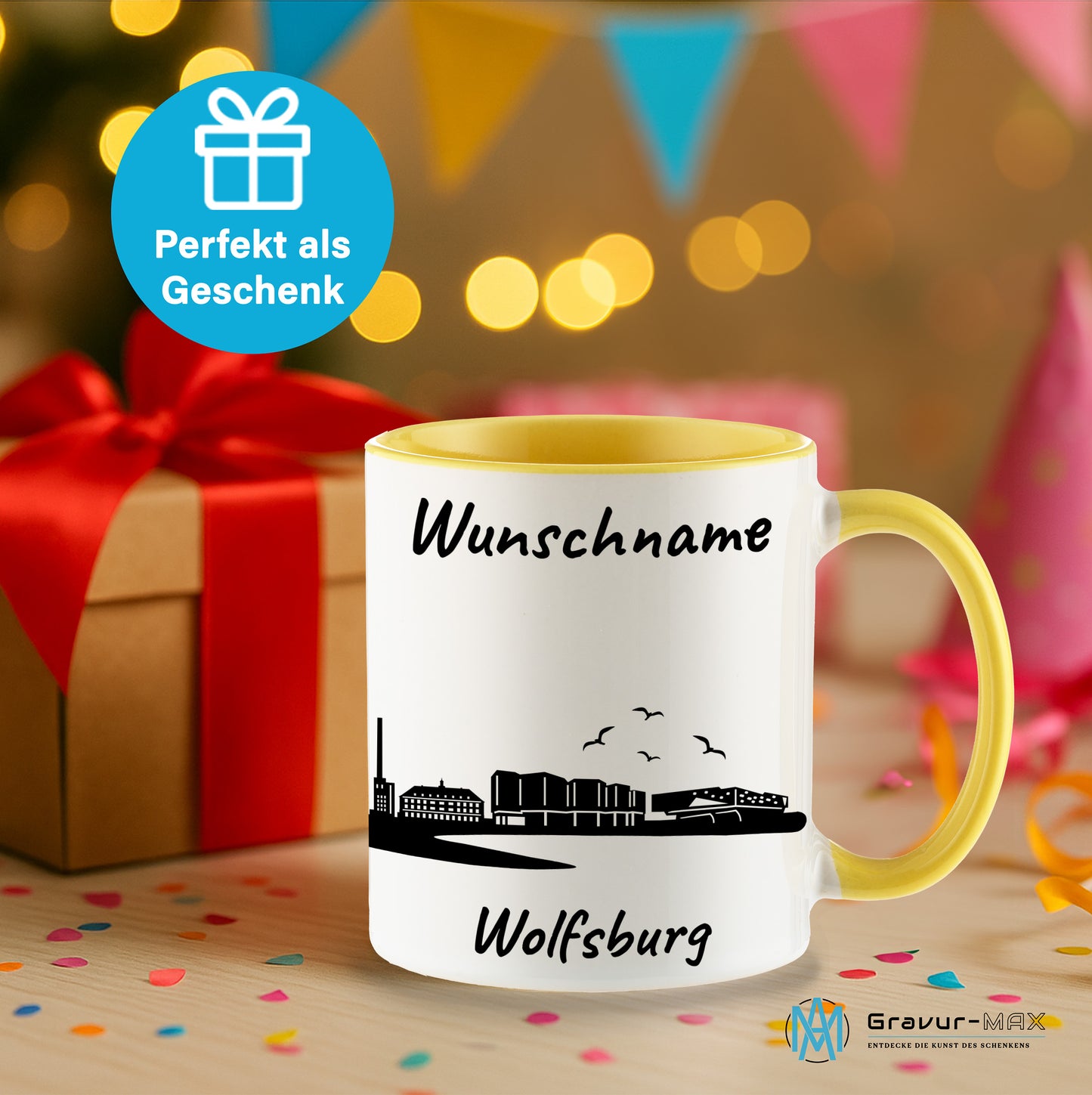 Tasse in Hellgelb 330ml bedruckt mit der Skyline von Wolfsburg personalisierbar mit Wunschname