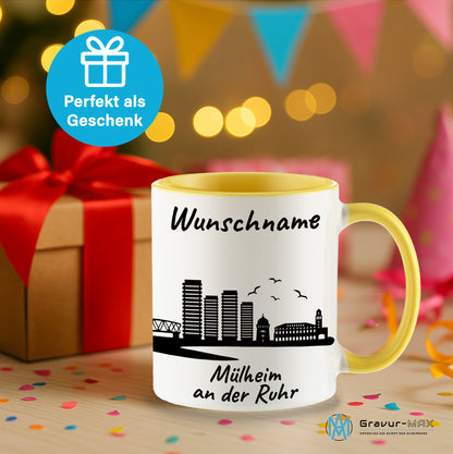 Tasse in Hellgelb 330ml bedruckt mit der Skyline von Mülheim an der Ruhr personalisierbar mit Wunschname