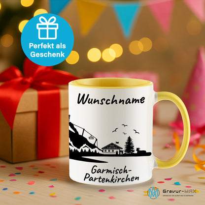 Tasse in Hellgelb 330ml bedruckt mit der Skyline von Garmisch-Partenkirchen personalisierbar mit Wunschname