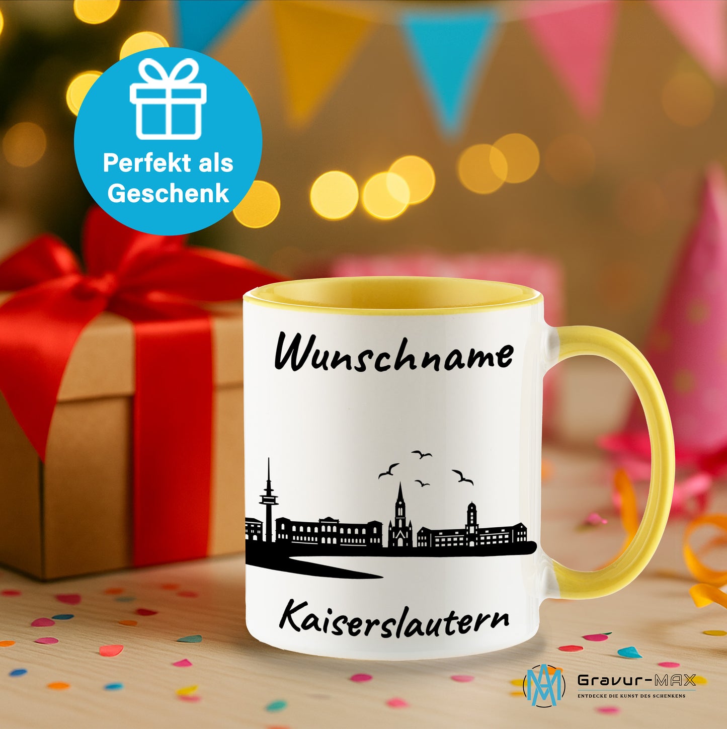 Tasse in Hellgelb 330ml bedruckt mit der Skyline von Kaiserslautern personalisierbar mit Wunschname