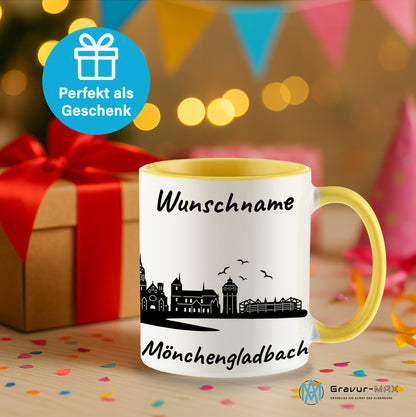 Tasse in Hellgelb 330ml bedruckt mit der Skyline von Mönchengladbach personalisierbar mit Wunschname