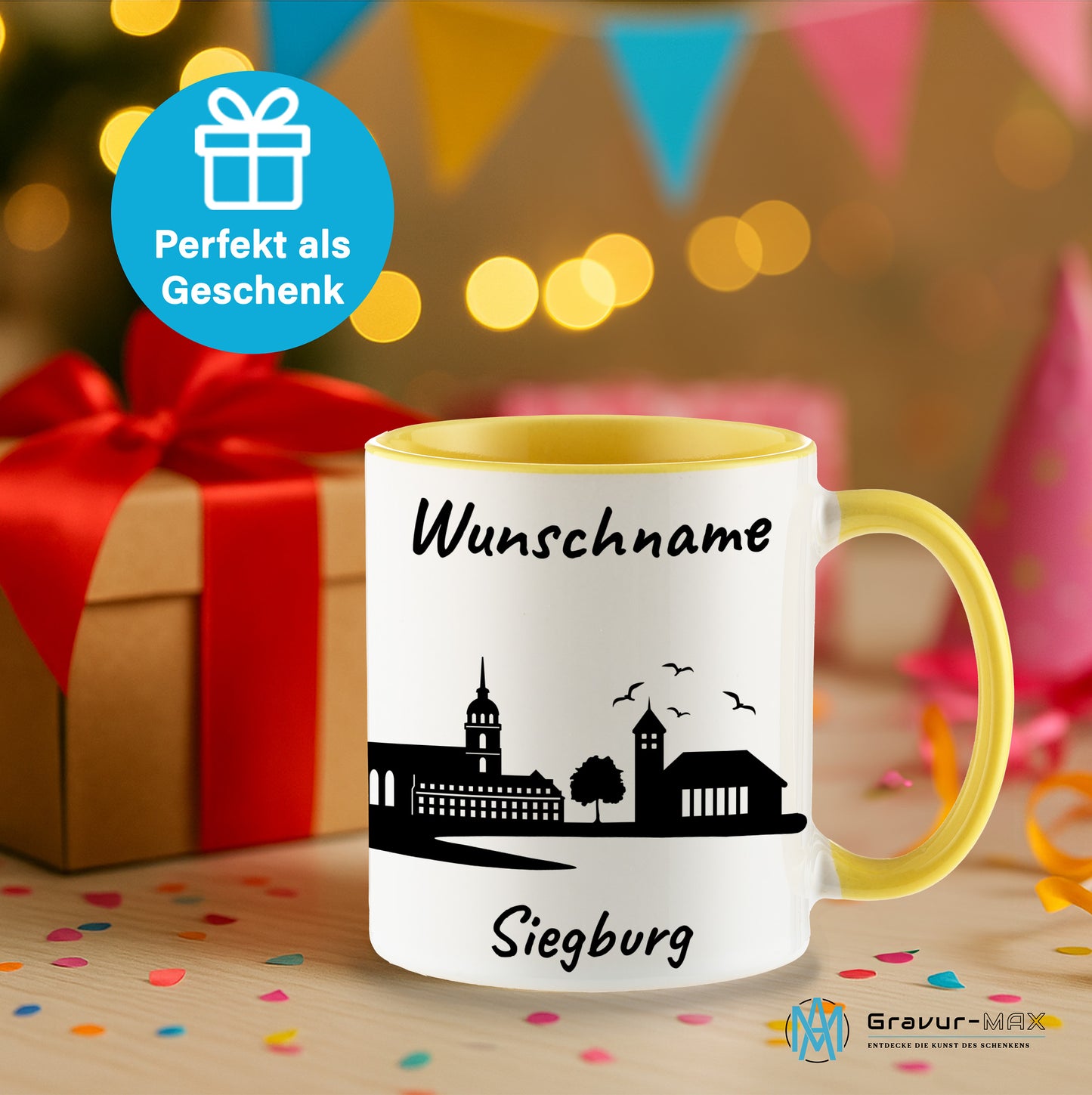 Tasse in Hellgelb 330ml bedruckt mit der Skyline von Siegburg personalisierbar mit Wunschname