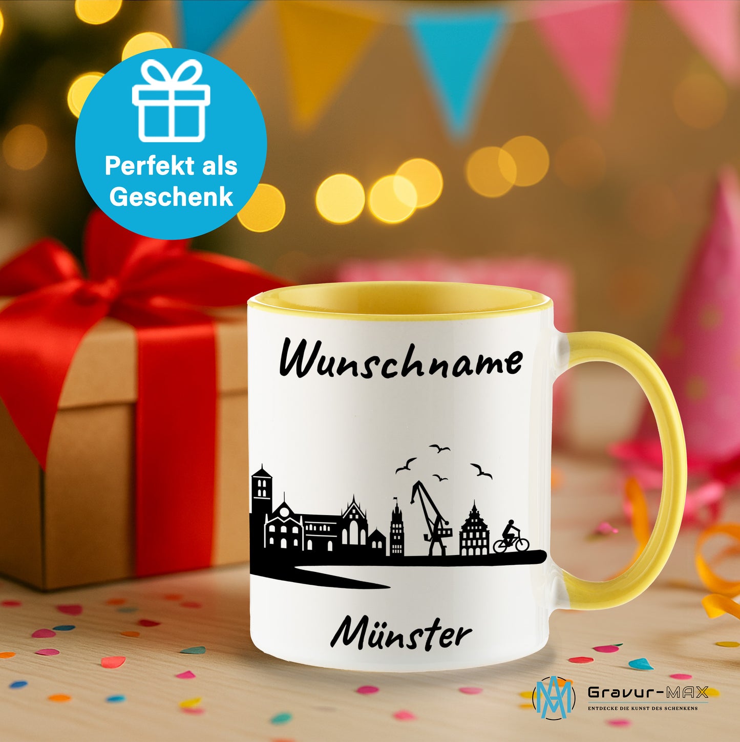 Tasse in Hellgelb 330ml bedruckt mit der Skyline von Münster personalisierbar mit Wunschname