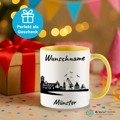 Tasse in Hellgelb 330ml bedruckt mit der Skyline von Münster personalisierbar mit Wunschname