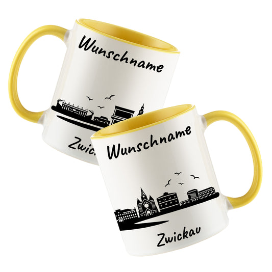 Tasse in Hellgelb 330ml bedruckt mit der Skyline von Zwickau personalisierbar mit Wunschname