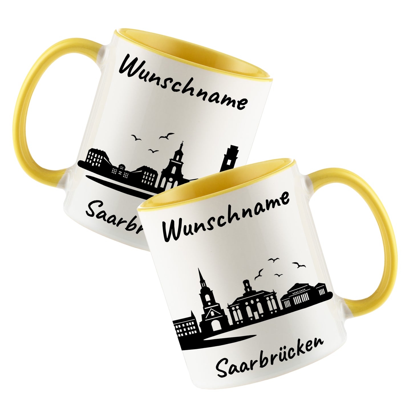 Tasse in Hellgelb 330ml bedruckt mit der Skyline von Saarbrücken personalisierbar mit Wunschname