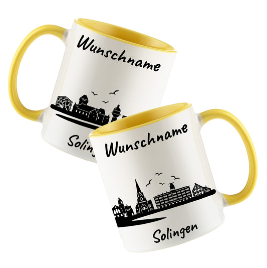 Tasse in Hellgelb 330ml bedruckt mit der Skyline von Solingen personalisierbar mit Wunschname