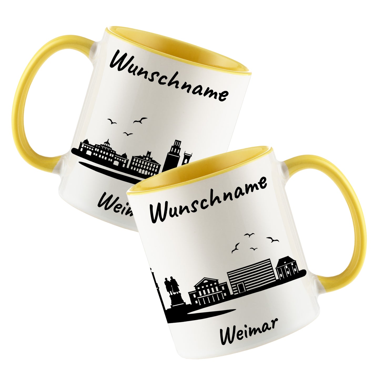 Tasse in Hellgelb 330ml bedruckt mit der Skyline von Weimar personalisierbar mit Wunschname