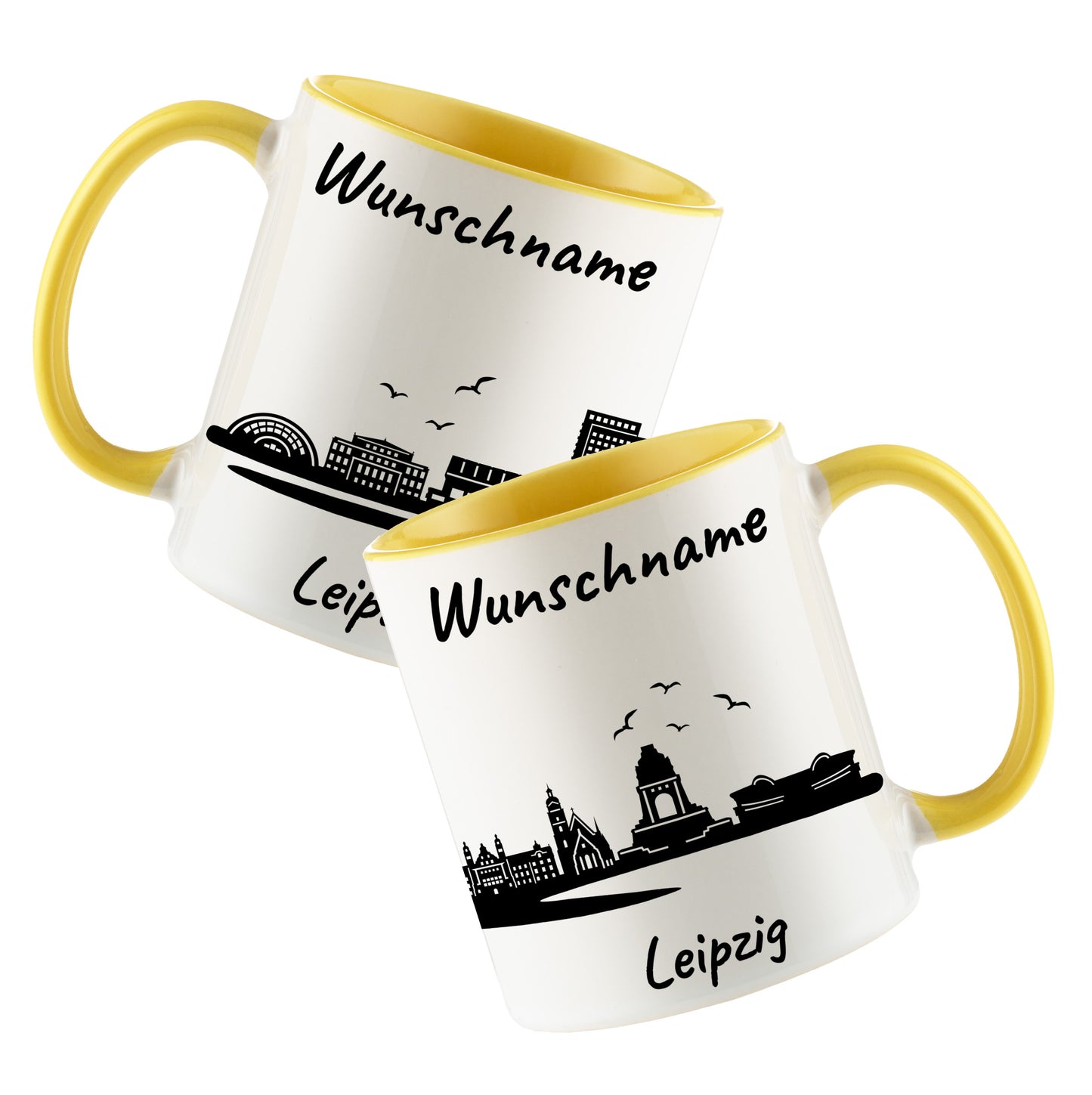 Tasse in Hellgelb 330ml bedruckt mit der Skyline von Leipzig personalisierbar mit Wunschname