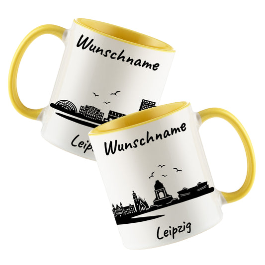 Tasse in Hellgelb 330ml bedruckt mit der Skyline von Leipzig personalisierbar mit Wunschname
